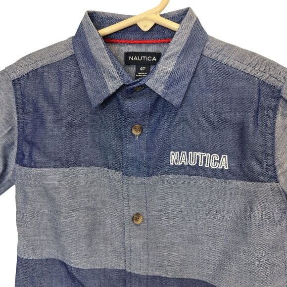 Nautica Boys 4T Blue Chambray Colorblock Short Sleeve Collared Button-Up Shirt - Picture 4 of 13